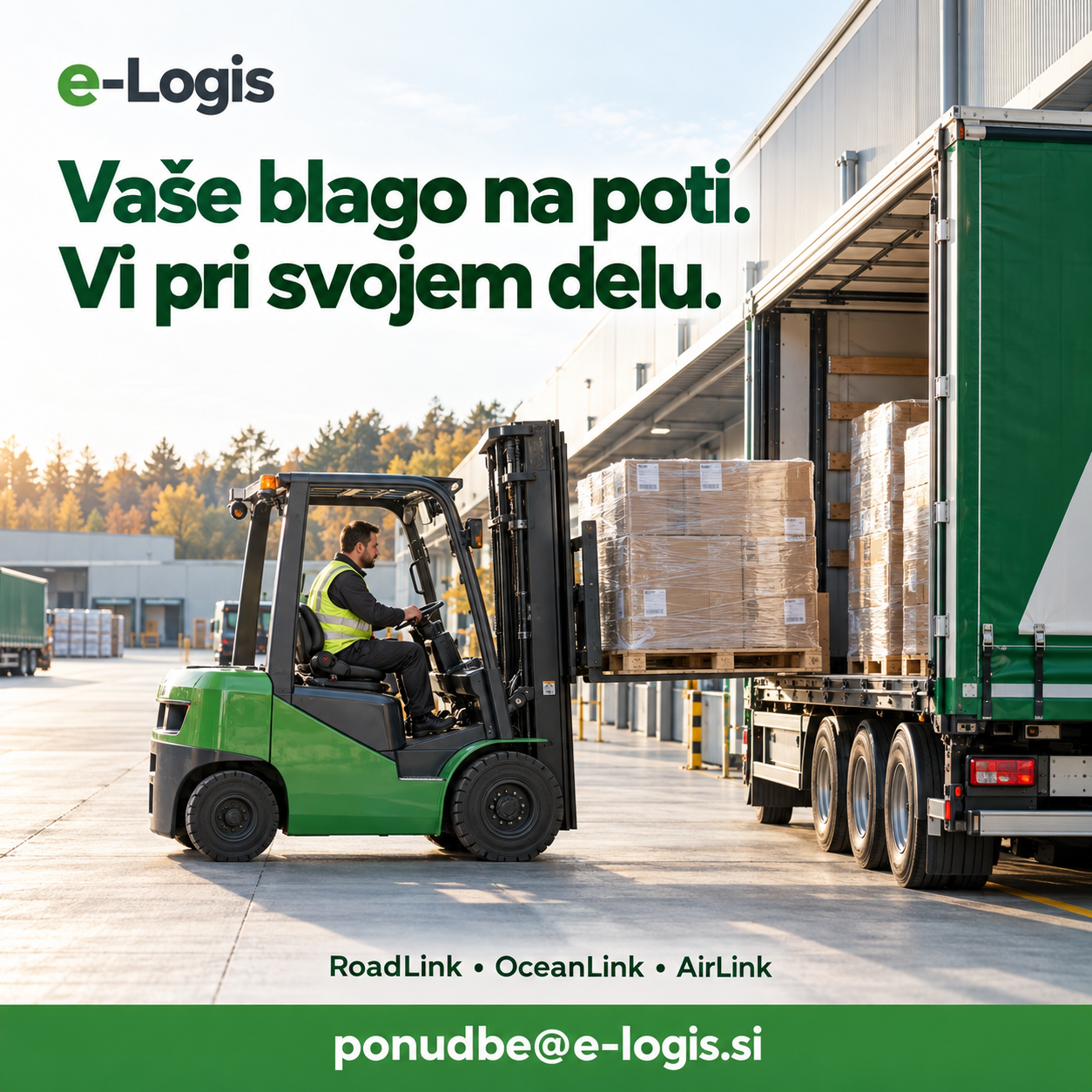Promocijska ilustracija e-Logis: nakladanje palet na tovornjak ter storitve RoadLink, OceanLink in AirLink