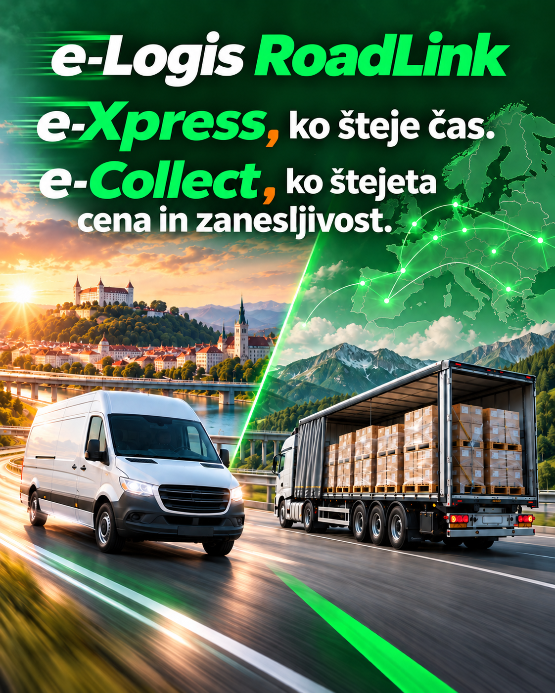 Promocijska grafika e-Logis RoadLink z ekspresnim kombijem in zbirnim tovornjakom